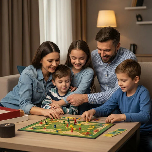 Família reunida em uma sala de estar jogando juntos um jogo de tabuleiro