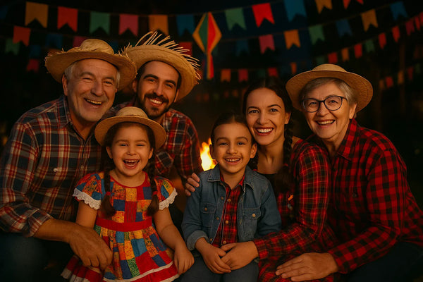Família com avós, pais e crianças em festa junina com trajes típicos, bandeirinhas e fogueira ao fundo, expressando união e alegria