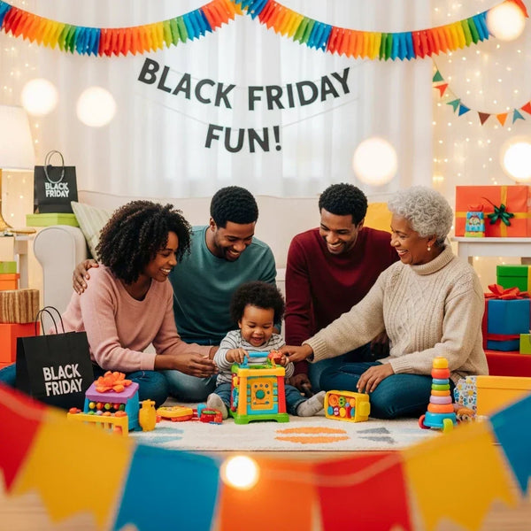 pais e avós estão reunidos em uma sala de estar aconchegante, decorada com luzes suaves, enquanto uma criança se diverte com brinquedos educativos