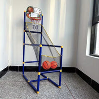 basquete Brinquedo Educativo arcade azul com aro, rampa de retorno e minibolas para foco e coordenação